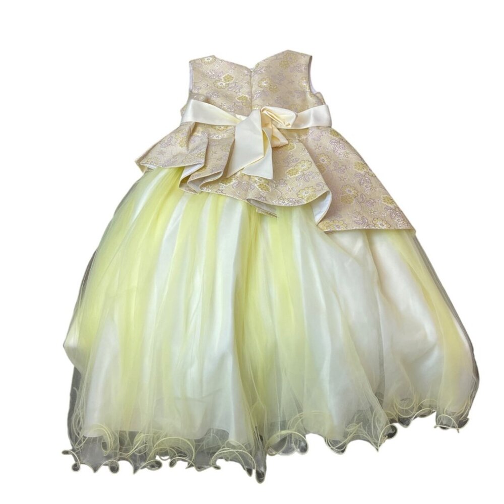 Girls Pink Butterfly Yellow Floral Gown Dress With Bow & Flower Detail Sz 10 - N